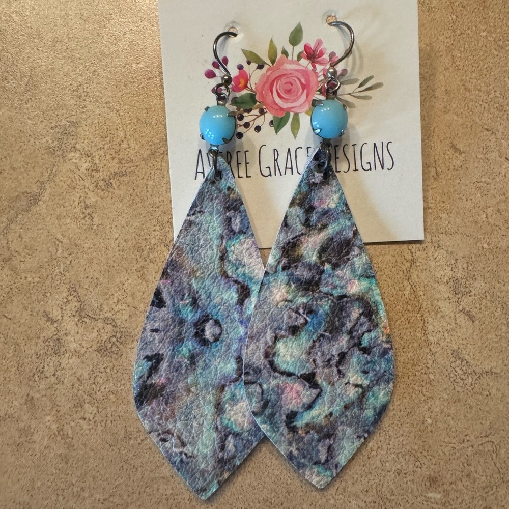 - Averee Grace Designs blue print leather earrings with aqua stone